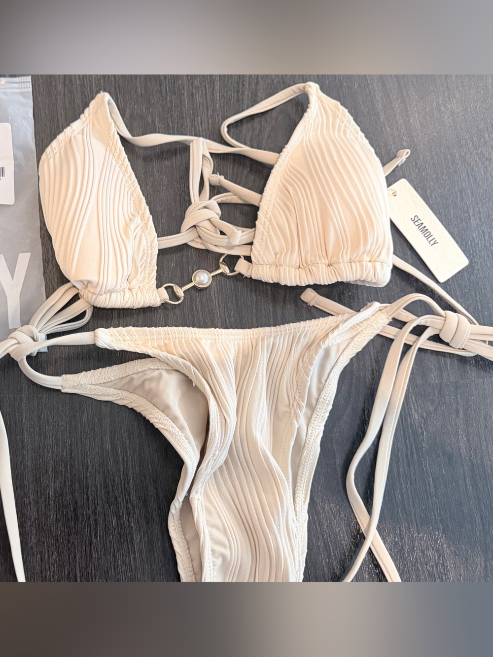 Seamolly Textured Halter Bikini Set in Light Beige